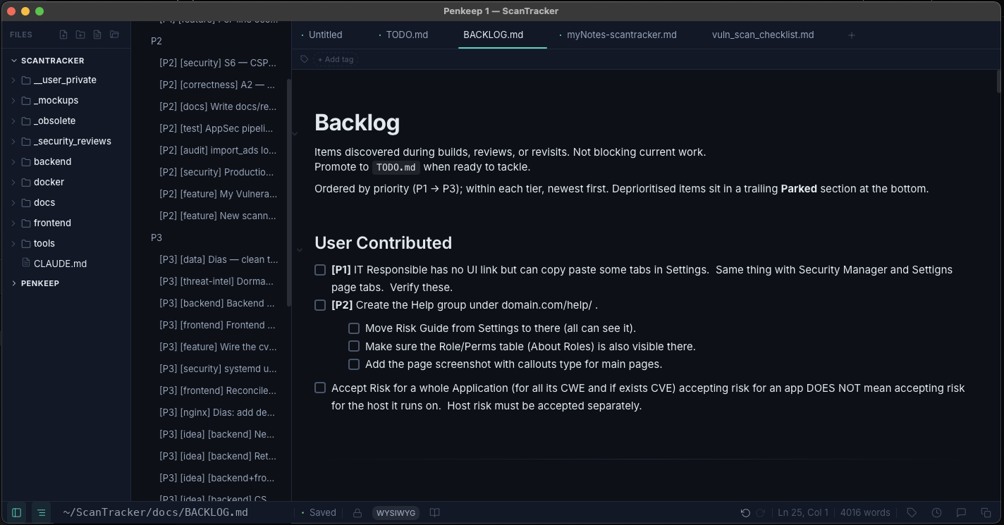 Penkeep distraction-free WYSIWYG editor with the document outline panel open.